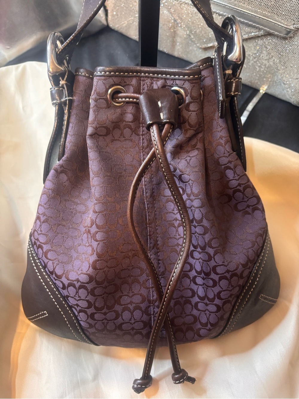 Coach Purple and Dark Brown Signature Drawstring Hobo